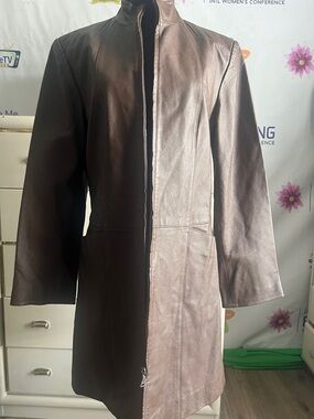 Bernardo Two-Tone Brown Leather Long Jacket